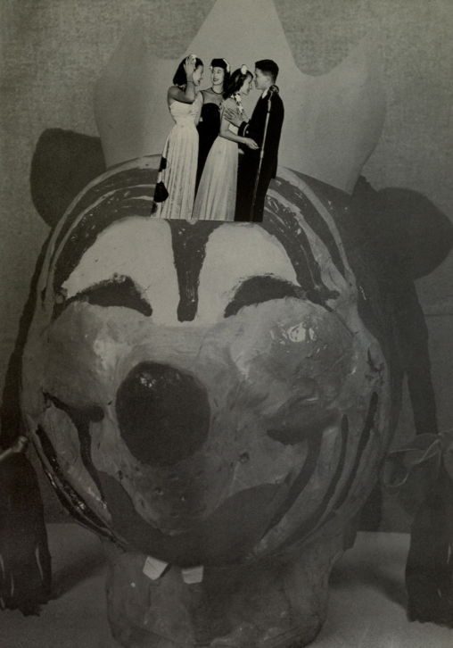 Archival scan: Close-up of Oski wearing a crown. Photo credit: Photographer/artist uncredited in supplied scan.