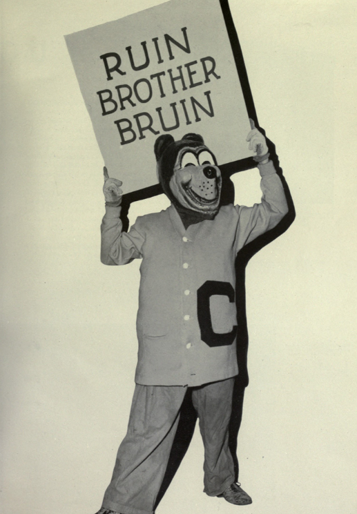 Archival scan: Oski holding a Ruin Brother Bruin sign. Photo credit: Photographer/artist uncredited in supplied scan.