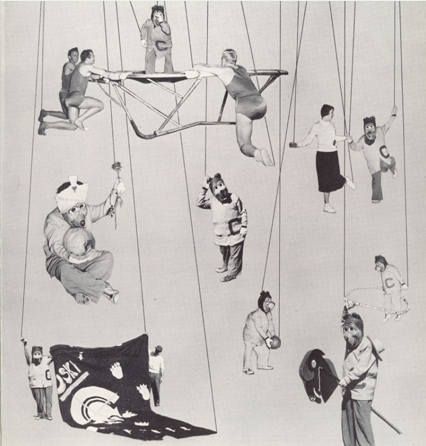 Archival scan: An illustrated page showing the Oski committee and mascot. Photo credit: Photographer/artist uncredited in supplied scan.