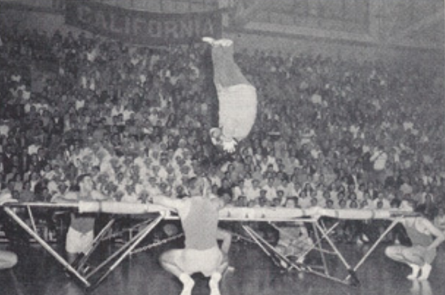 Archival scan: Oski airborne above a trampoline. Photo credit: Photographer/artist uncredited in supplied scan.