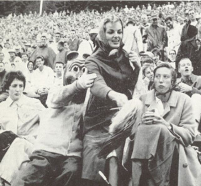 Archival scan: Oski holding onto a spectator in the stands. Photo credit: Photographer/artist uncredited in supplied scan.