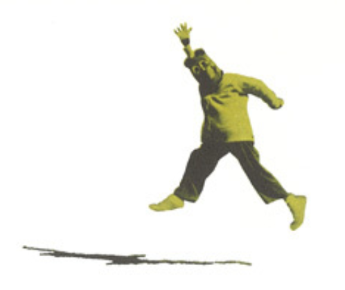 Archival scan: A tinted cutout of Oski jumping with one arm raised. Photo credit: Photographer/artist uncredited in supplied scan.