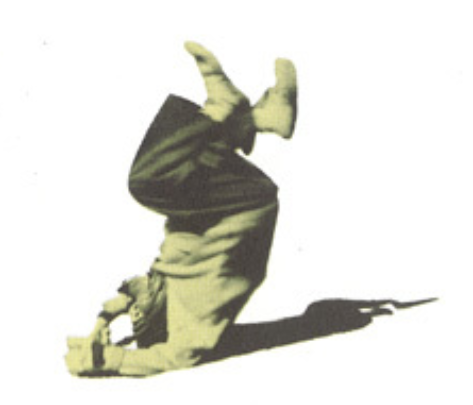 Archival scan: A tinted cutout of Oski upside down in a tumble. Photo credit: Photographer/artist uncredited in supplied scan.