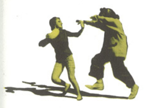 Archival scan: A tinted cutout of Oski gesturing toward another performer. Photo credit: Photographer/artist uncredited in supplied scan.