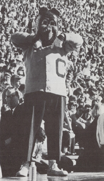 Archival scan: Oski covering his face while standing on a chair. Photo credit: Photographer/artist uncredited in supplied scan.