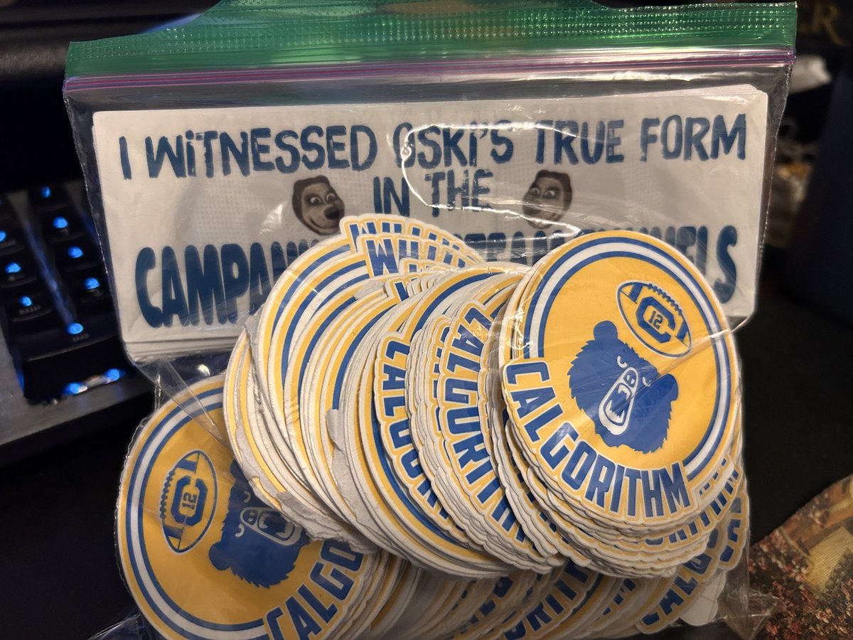 Calgorithm stickers beside stickers showing Oski and his true form. Photo credit: Posted by @mpete91.
