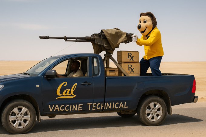 A meme depicting Oski in a Cal-branded pickup with a mounted gun in a desert. Photo credit: Original creator unverified; X media supplied by @calwokebot.