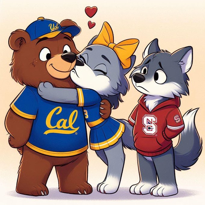 Cartoon Cal bear with a female wolf mascot kissing his cheek and a jealous male wolf mascot. Photo credit: Original creator unverified; X media supplied by @calwokebot.