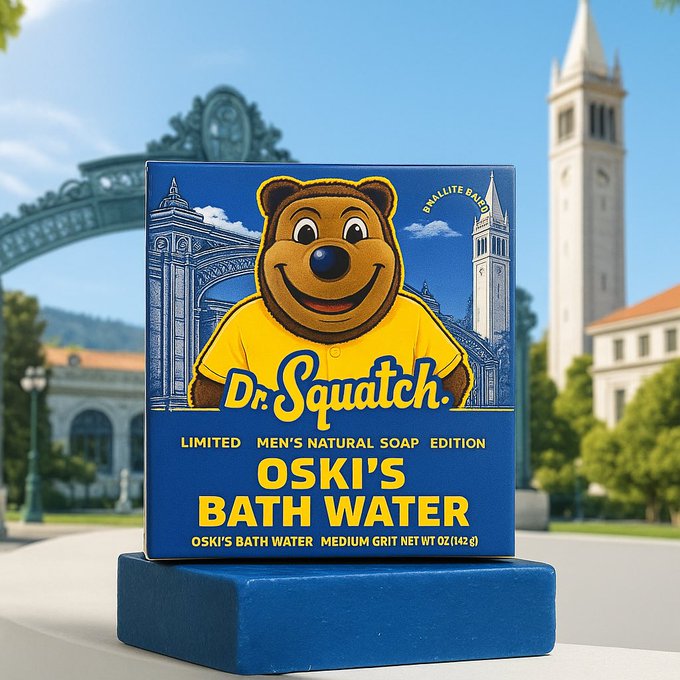 Parody Oski bath-water soap packaging in front of Berkeley landmarks. Photo credit: Original creator unverified; X media supplied by @calwokebot.